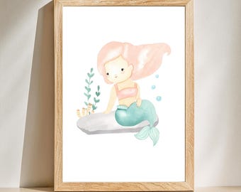 Watercolor Mermaid Print: Ocean Nursery Decor (Digital Download)