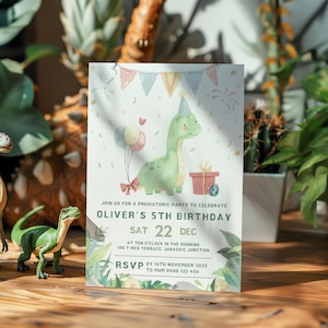 Invitation 5e anniversaire dinosaure modifiable pour garçon Dino mignon fête inviter modèle de toile imprimable pour 5 ans téléchargement numérique - DN01