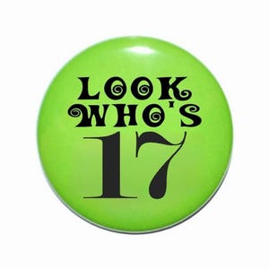 17 years old, 17th Birthday party, Look who&#39;s 17, birthday pin, birthday button, birthday party idea, Teenager, 2 1/4 inch pin-back button