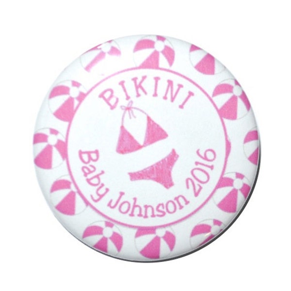 Beach Gender Reveal baby shower team pink team blue bikinis or board shorts 2 1/4 inch buttons team boy team girl newborn bikinis or trunks