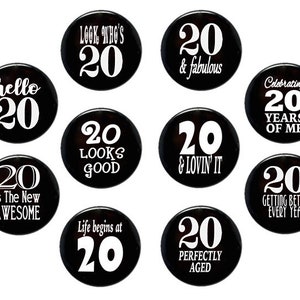 20th birthday party pack 20 years old  20th birthday idea birthday pin grab bag goody bag 2 1/4 inch pin-back button