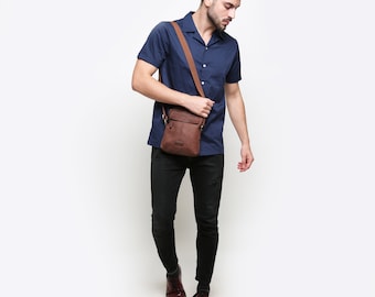 Men's Leather Sling Crossbody Messenger Bag, Small Dark Brown Crazy Horse Shoulder Leather Bag Birthday Gift for Boyfriend