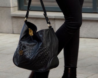 Bolso hobo de cuero negro tejido a mano, bolso de hombro bohemio