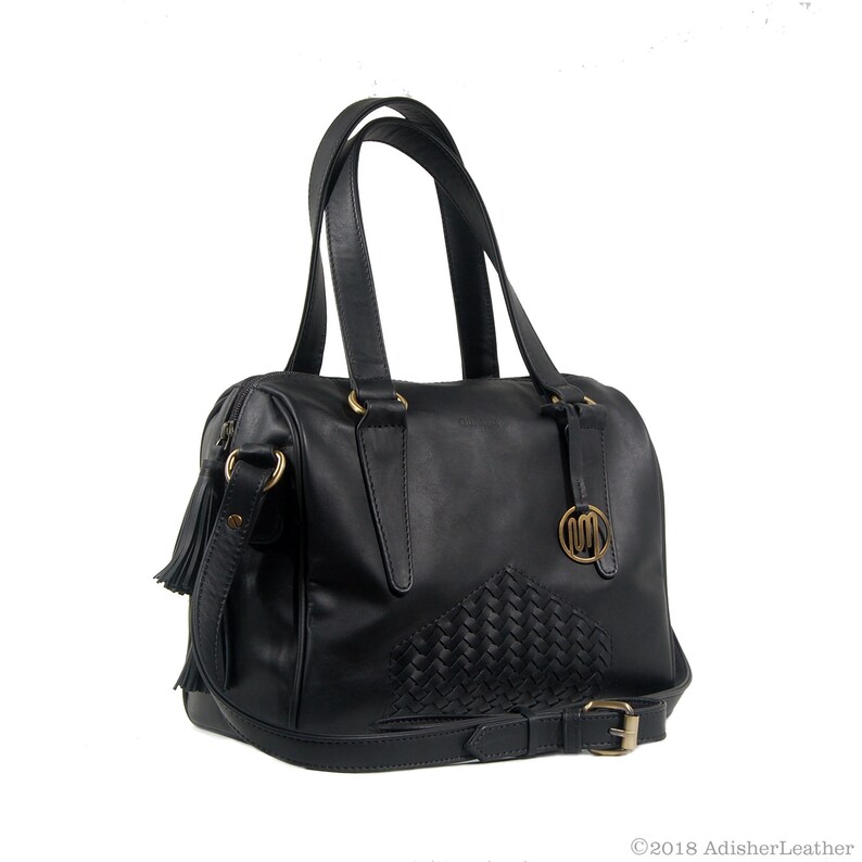 black woven leather handbag