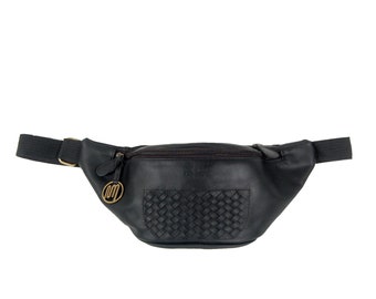 Leather Fanny Pack, Handwoven Detail, Unisex Belt Bag