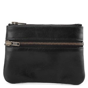 Cartera unisex de cuero suave negro para tarjetas de crédito y monedas hecha a mano con cremallera
