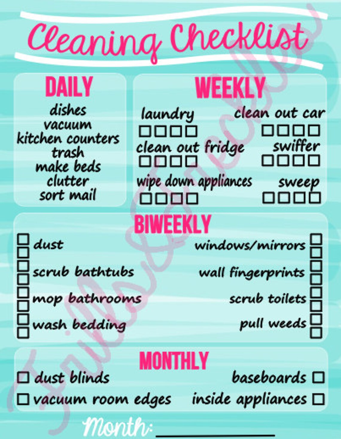 LAMINATED Monthly Cleaning Schedule for Erin Condren Life Etsy
