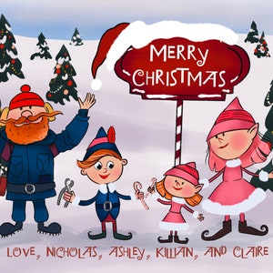Portrait Christmas Tree Card Rudolph the red nosed reindeer • Personalized drawn Holiday Card  • island of misfit toys illustration