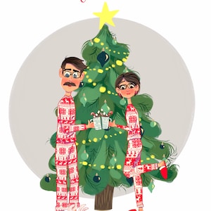 Cartão de pijamas de Natal com retrato personalizado • Cartão de Natal com chocolate quente • Família ilustrada de pijama • Ilustração de árvore de Natal