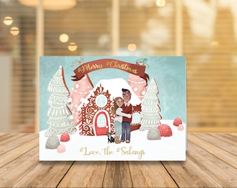 May include: A Christmas card featuring a gingerbread house with a couple standing in front of it. The house is decorated with candy and frosting. The card reads "Merry Christmas & Love, the Salangs".