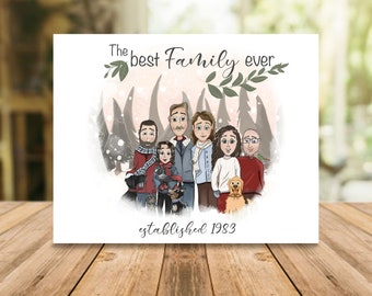 Custom illustrated portrait, Custom illustration, mother's day, portrait, family illustration with pets, wedding gift, wedding portrait