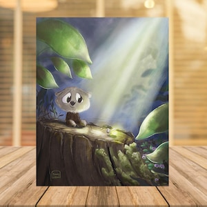 Otter and lightning bug cartoon fine art original artwork mignon animal art, print forest art, otter found friend, fine art for kids