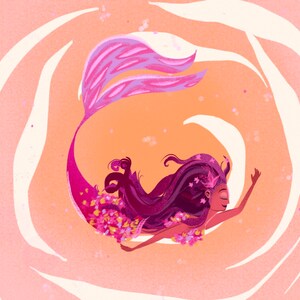 Pink and orange Flower mermaid, mermay painting, brightly colored mermaid illustration