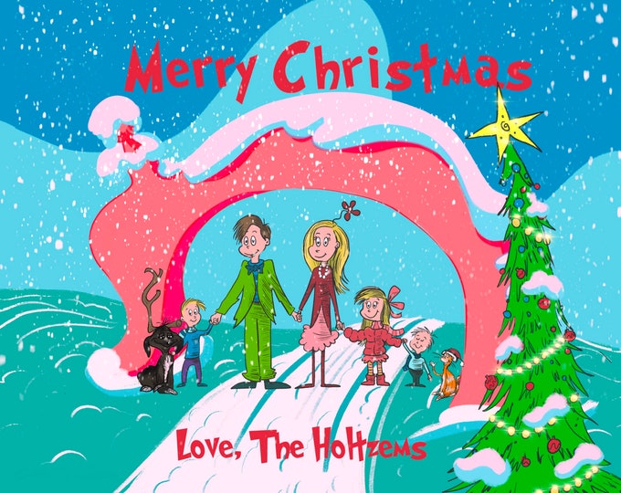 Portrait Christmas Tree Card Dr. Seuss Style Personalized Holiday Card Custom Illustrated Family ...