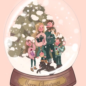 Tarjeta de Navidad con retrato de globo de nieve • Tarjeta navideña personalizada • Tarjeta navideña ilustrada personalizada • Árbol de Navidad • Tarjeta de suéter navideño