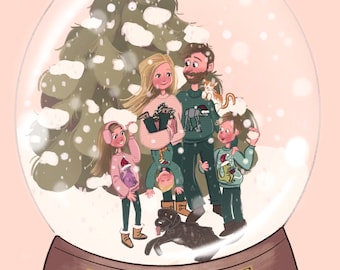 May include: A snow globe with a family of five, a dog, and a cat inside. The family is standing in front of a snow-covered Christmas tree. The snow globe has a wooden base with the words "Merry Christmas" inscribed on it.