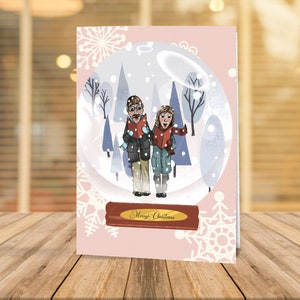 Portrait Christmas Tree Card digital file • Personalized Holiday Card • Custom Illustrated Family •  snow globe