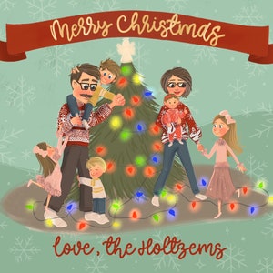 Cartão de pijamas de Natal com retrato personalizado • Cartão de Natal com chocolate quente • Família ilustrada de pijama • Ilustração de árvore de Natal