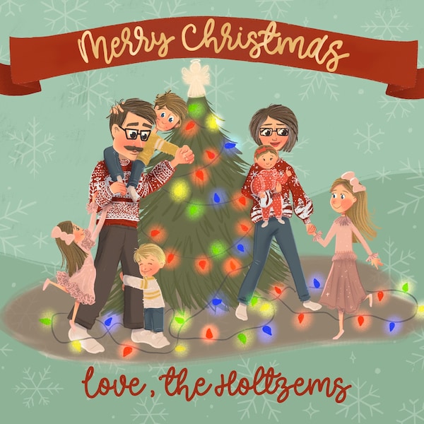 Custom portrait Christmas jammies Card • hot cocoa Holiday Card • pajama Illustrated Family • Christmas tree illustration