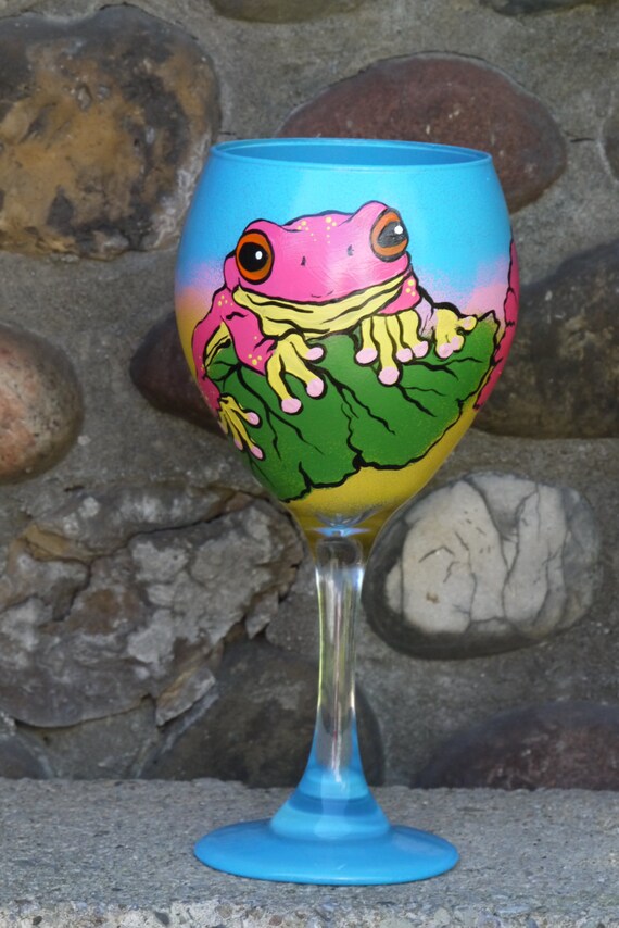 Frog wine glass hand painted Amazon frog glass Exotic frog Etsy