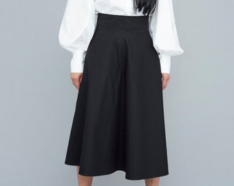 Plus Size High Waisted Steampunk Skirt: Black Japanese Midi with Belt
