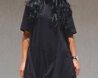 Svart kaftan maxiklänning: Asymmetrisk urban stil, plus size