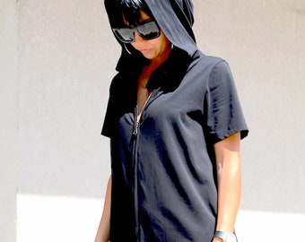 Black Hooded Drop Crotch Jumpsuit, Plus Size Short Sleeves Women's Pantsuit with Zipper by Kotytostylelab jumpsuit