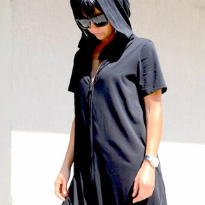 Black Hooded Drop Crotch Jumpsuit, Plus Size Short Sleeves Women's Pantsuit with Zipper by Kotytostylelab jumpsuit