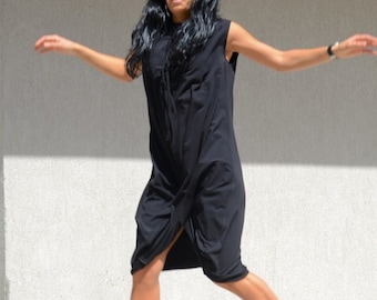 Summer Women Hoodie Dress, Draped Black Maxi Dress Tunic by Kotyto