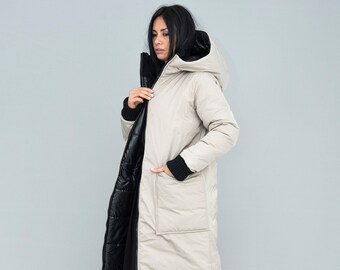 Beige Puffer Down Jacket Women with Two Way Zipper, Oversize Long Winter Jacket with Hood