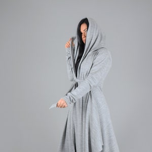 Maxi Grey Cyberpunk Cardigan Women with Hood, Knit Victorian Cape for Plus Size Ladies