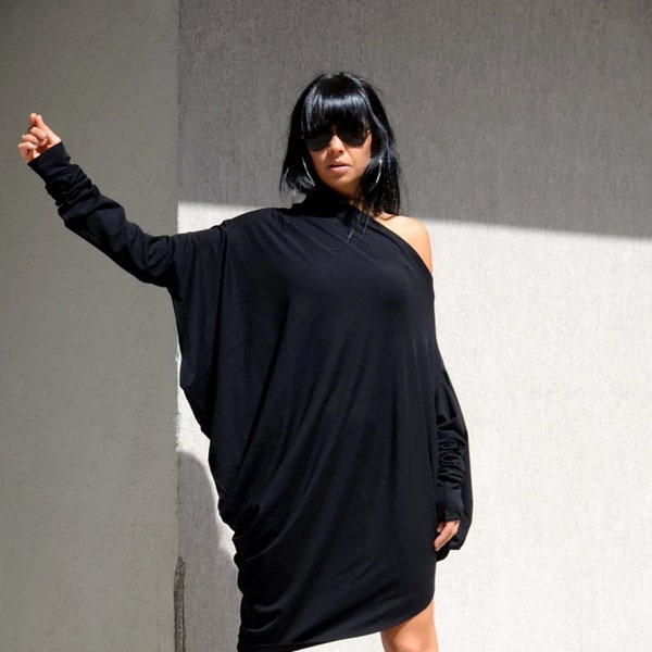 Extra Long Sleeves Batwing Dress, Asymmetric Cold Shoulder Tunic by Kotyto Clothing