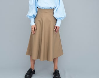 Custom Beige Midi Skirt: High Waist A-Line Steampunk Skirt with Belt