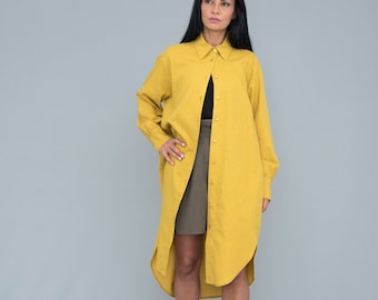 Midi Mustard Yellow Cotton Linen Shirt Dress with Long Sleeves, Plus Size Button Down Travel Dress, Linen Clothing