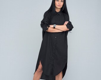 Black  Linen Shirt Dress with pockets K220617