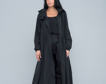 Long Black Hooded Raincoat: Oversized Windbreaker Jacket
