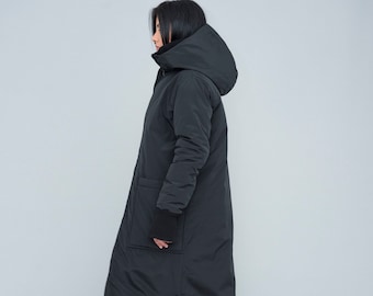 Chaqueta de invierno tipo capullo con cremallera, parka negra con cuello alto, abrigo bomber acolchado con capucha