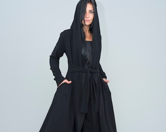 Maxi Black Cardigan, Custom Knit Cloak,Black Wrap Top , Rockstar clothing by Kotyto