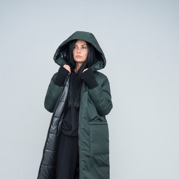 Veste longue longue verte oversize avec poches, doudoune imperméable à capuche, manteau matelassé à col haut