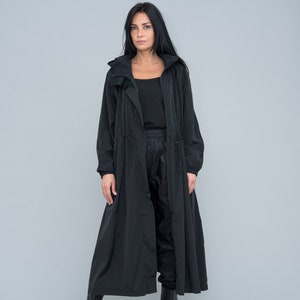 Woman Black Long Raincoat with Zipper and Hood, Windbreaker Hooded Raincoat with Pockets