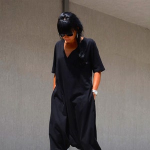 Two Side Black Drop Crotch Jumpsuit, Harem Jumpsuit