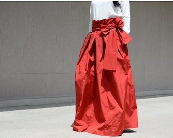 Red Ball Gown Skirt: Plus Size High Waist Skirt with Bow & Pockets