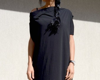 Black Summer Maxi Dress, Oversized Asymmetrical One Shoulder Dress by Kotytostylelab Clothing