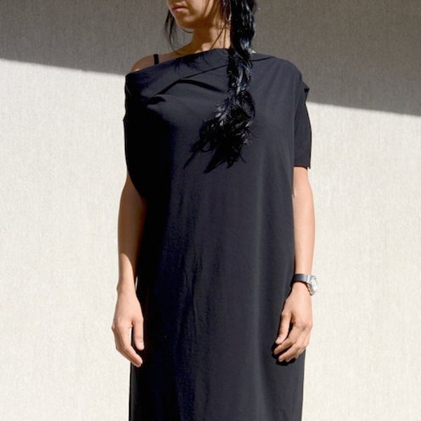 Black Summer Maxi Dress, Oversized Asymmetrical One Shoulder Dress by Kotytostylelab Clothing