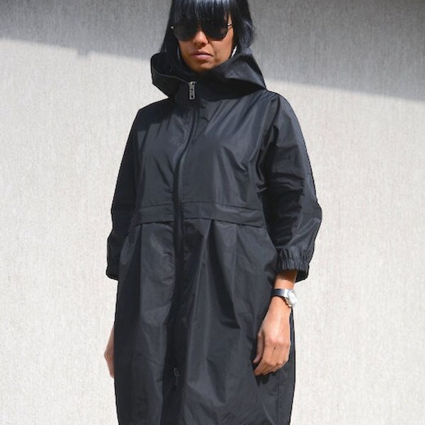 Rain Coats for Women with Hood and Pockets, Midi Waterproof Windbreaker Cyberpunk Jacket