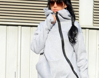 Fleece Cotton Warm Top, Extravagant Maxi Asymmetric Hoodie by Kotyto