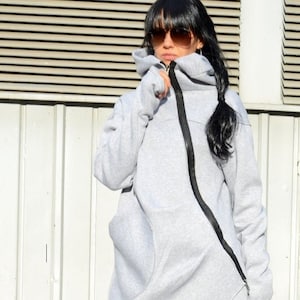 Fleece Cotton Warm Top, Extravagant Maxi Asymmetric Hoodie by Kotyto