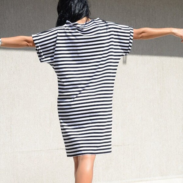 Simple Striped Dress, Loose Fitting Black and White Dress by Kotytostylelab Clothing