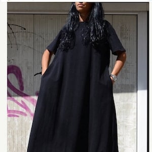 Oversize Black Cotton Maxi Dress: Avant Garde Plus Size Caftan