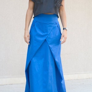 Full Length Perfect Blue Maxi Skirt with High Waist, Casual Spring Skirt with Pockets for Plus Size Women